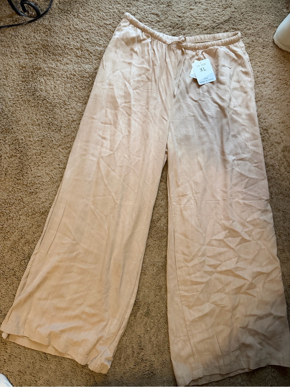 Wide Leg Drawstring Pants in Light Beige - XL